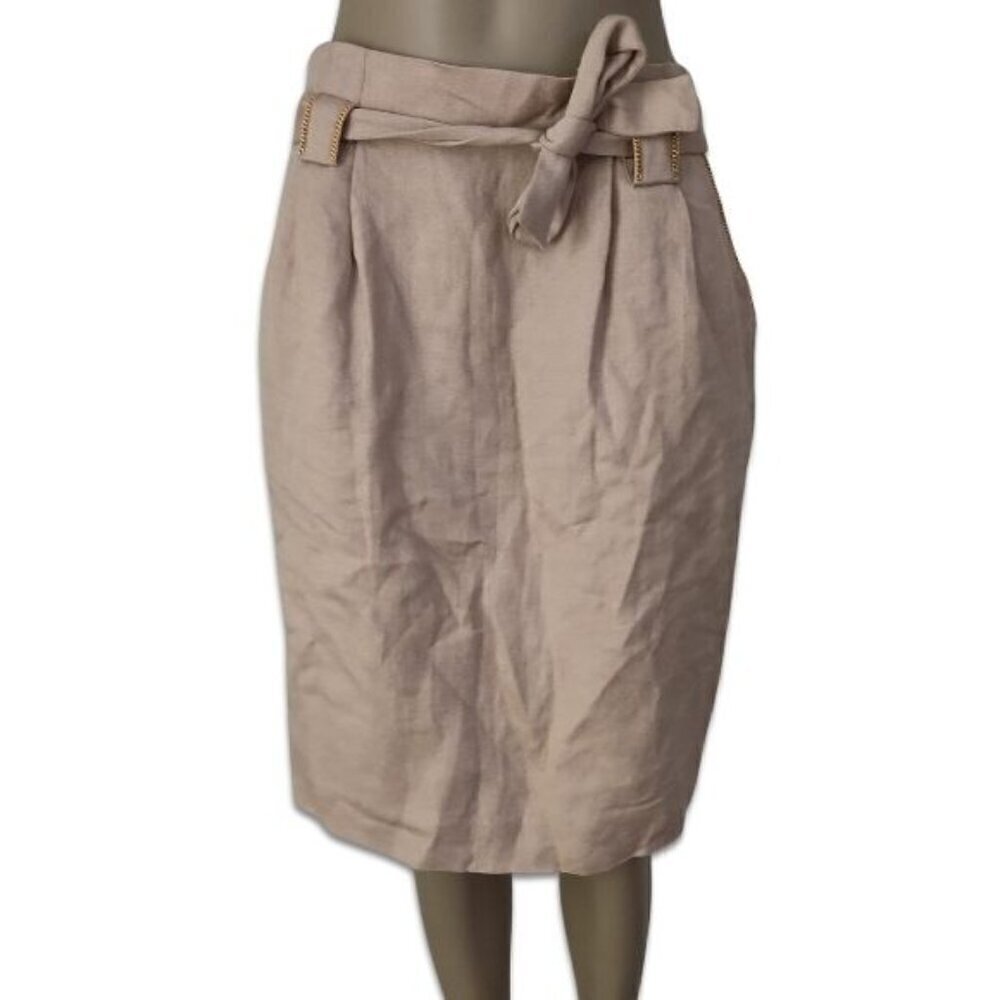 Molinari Belted Pencil Skirt Flax Linen Midi Tan Women's Size 42 US 6 NWT